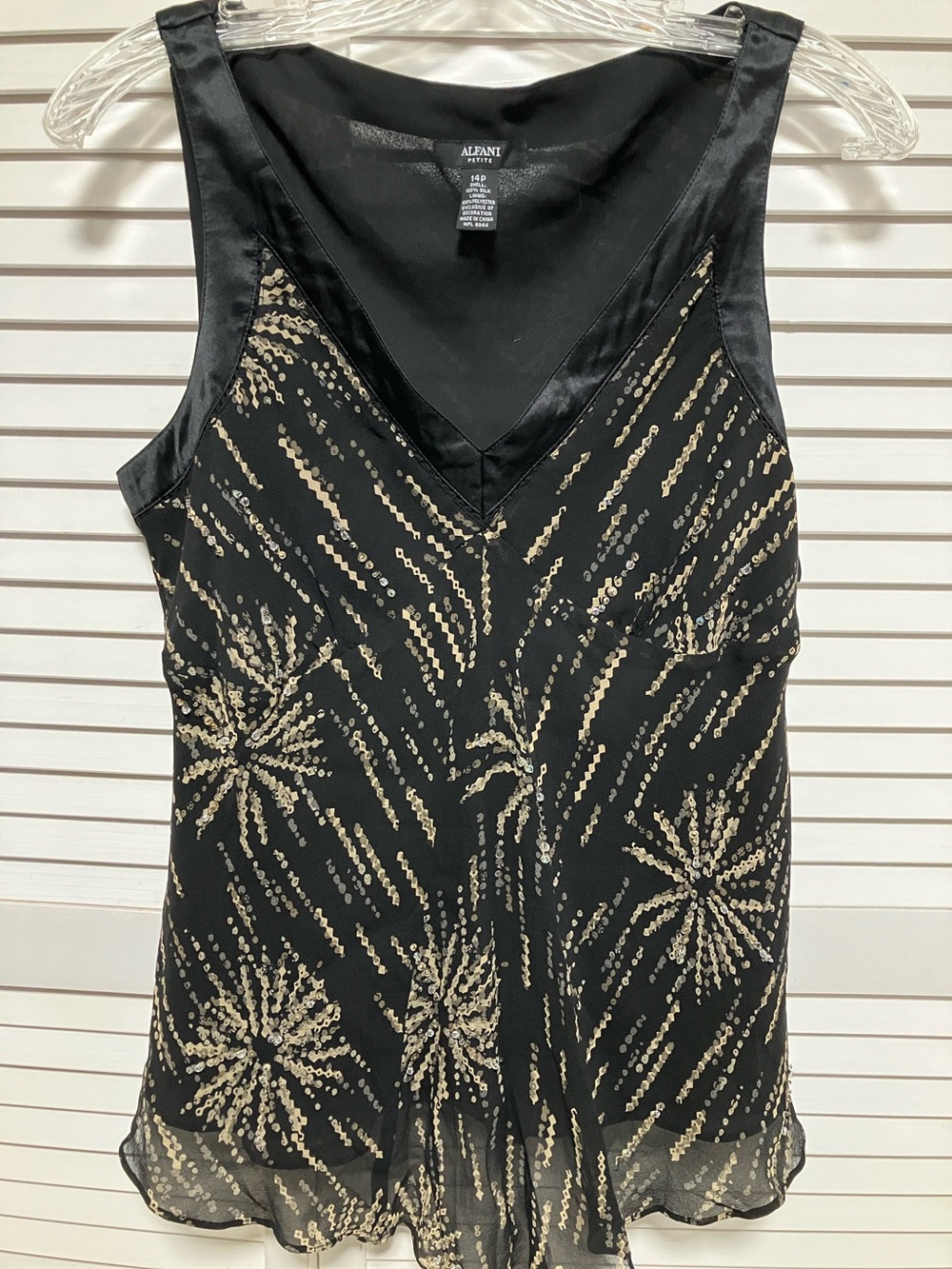 Alfani Black V-Neck Sleeveless Top with Gold Sequin Firework Design